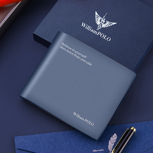 WILLIAMPOLO Trendy & Luxury Exquisite Dacron Cowhide Leather Short Blue Wallets