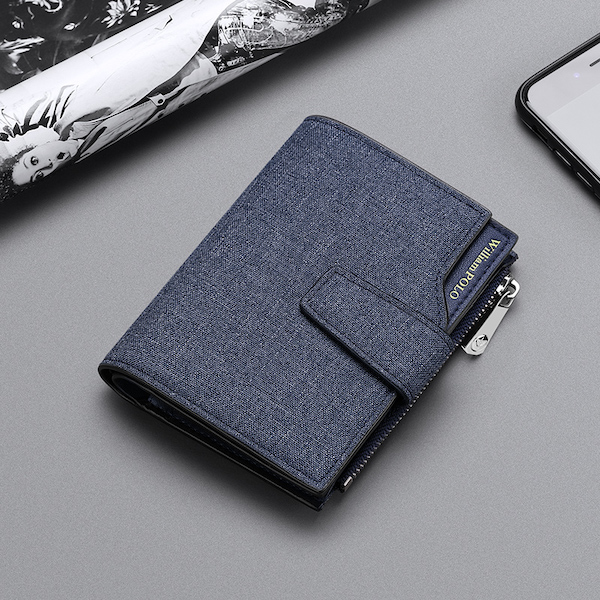 WILLIAMPOLO Luxury Casual Ultra-thin Canvas Retro Genuine Leather Blue Short-M Wallets