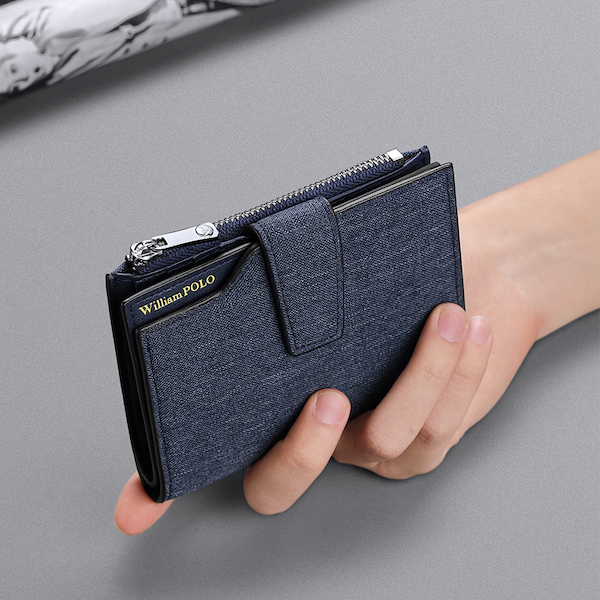 WILLIAMPOLO Luxury Casual Ultra-thin Canvas Retro Genuine Leather Blue Short-M Wallets