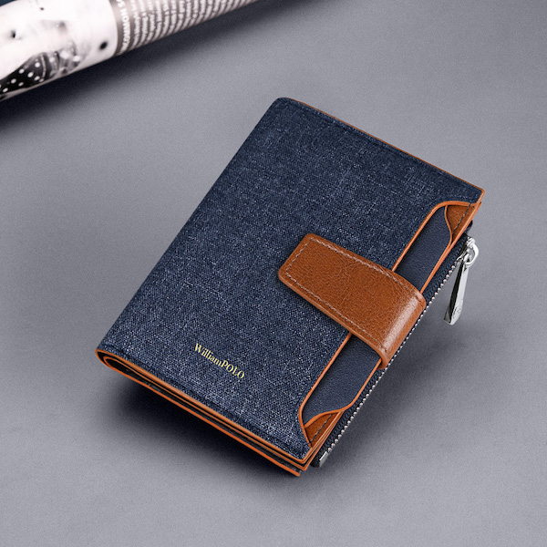WILLIAMPOLO Luxury Casual Canvas Retro Genuine Leather Blue Short-M Wallets