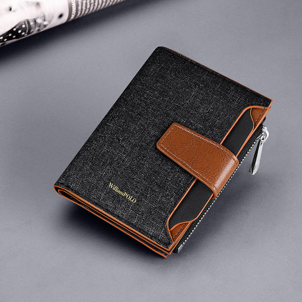 WILLIAMPOLO Luxury Casual Canvas Retro Genuine Leather Black Short-M Wallets