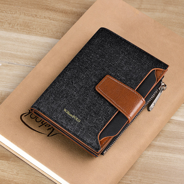 WILLIAMPOLO Luxury Casual Canvas Retro Genuine Leather Black Short-M Wallets