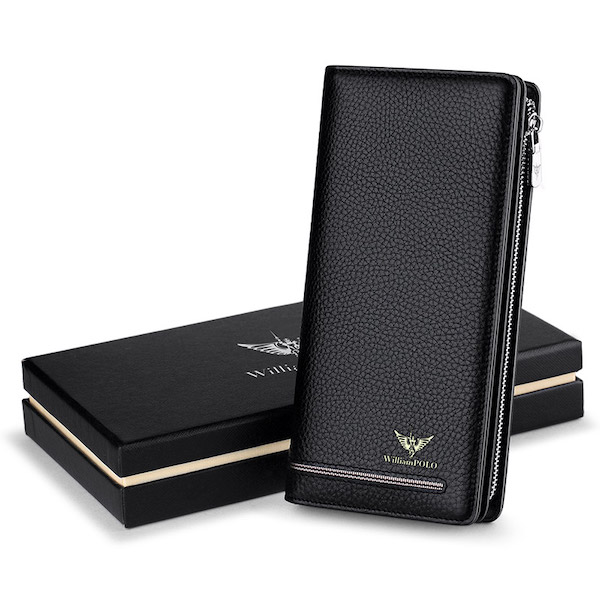 WILLIAMPOLO Latest Trendy & Luxury Men's Black-Lychee Leather Long Zip Wallets
