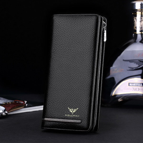 WILLIAMPOLO Latest Trendy & Luxury Men's Black-Lychee Leather Long Zip Wallets