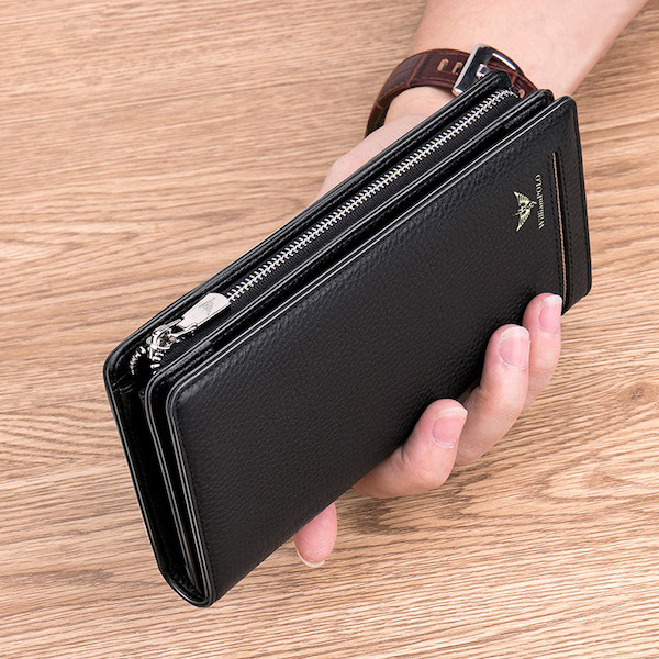 WILLIAMPOLO Latest Trendy & Luxury Men's Black-Lychee Leather Long Zip Wallets