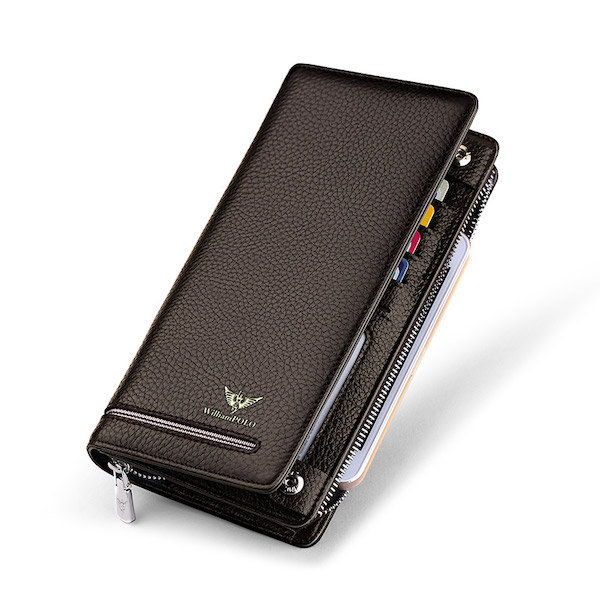 WILLIAMPOLO Latest Trendy & Luxury Men's Brown-Lychee Leather Long Zip Wallets
