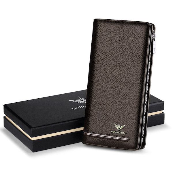 WILLIAMPOLO Latest Trendy & Luxury Men's Brown-Lychee Leather Long Zip Wallets