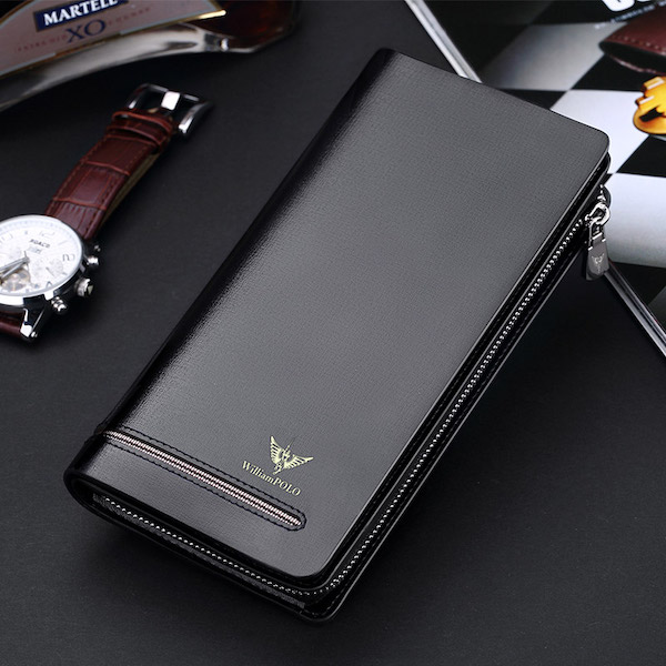 WILLIAMPOLO Latest Trendy & Luxury Men's Black-Plain Leather Long Zip Wallets