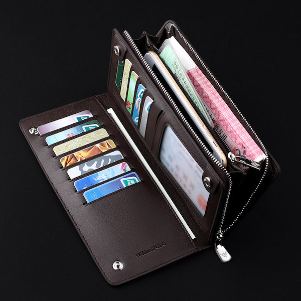 WILLIAMPOLO Latest Trendy & Luxury Men's Brown-Plain Leather Long Zip Wallets