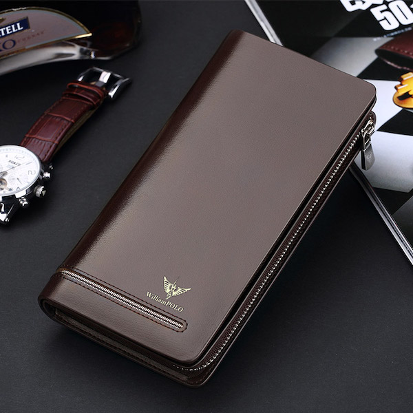 WILLIAMPOLO Latest Trendy & Luxury Men's Brown-Plain Leather Long Zip Wallets